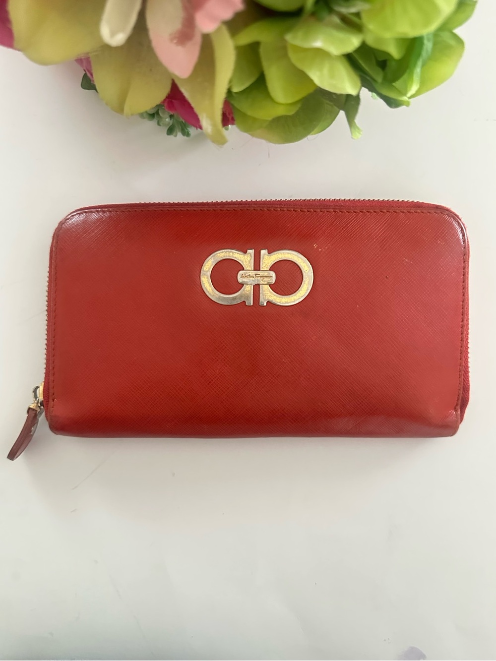 Salvatore Ferragamo Women’s Orangish Red Gold Solid Zip-Around Wallet
